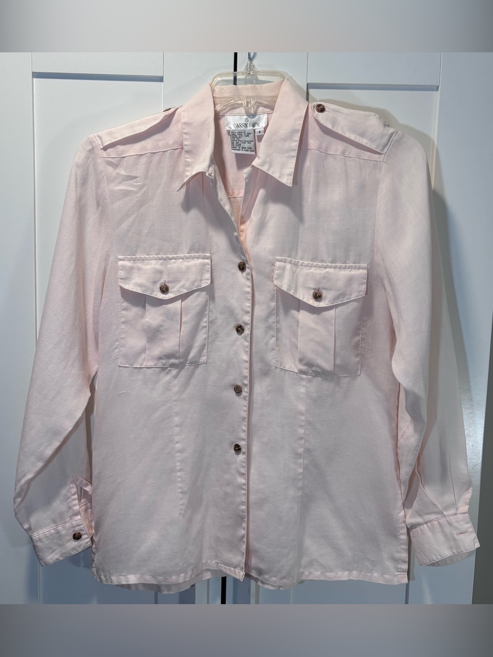 Vintage 100% Linen Carry Back Utility Button Front Long Sleeve Shirt Women’s 8